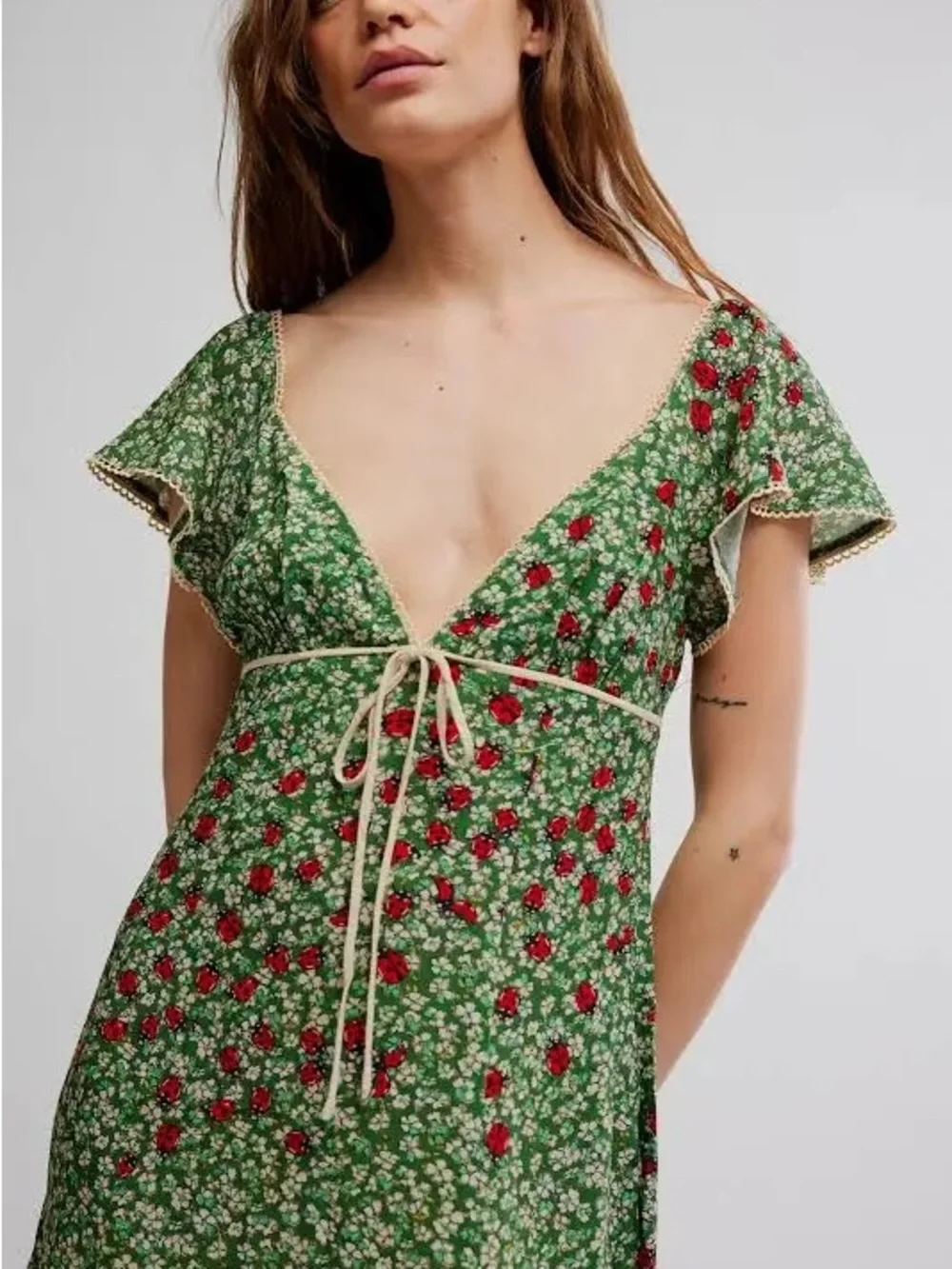 Free People Green Floral Tie-Waist V-Neck Dress with lady bugs